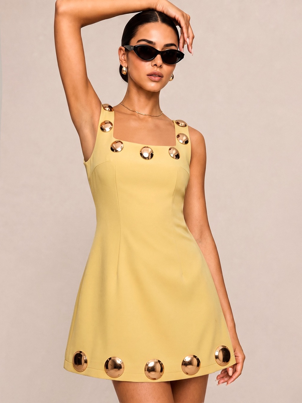 Commense Square Neck Metal Detail A-Line Mini Dress